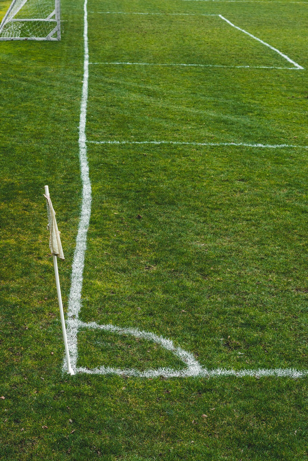 Football resting on green grass near a goal line