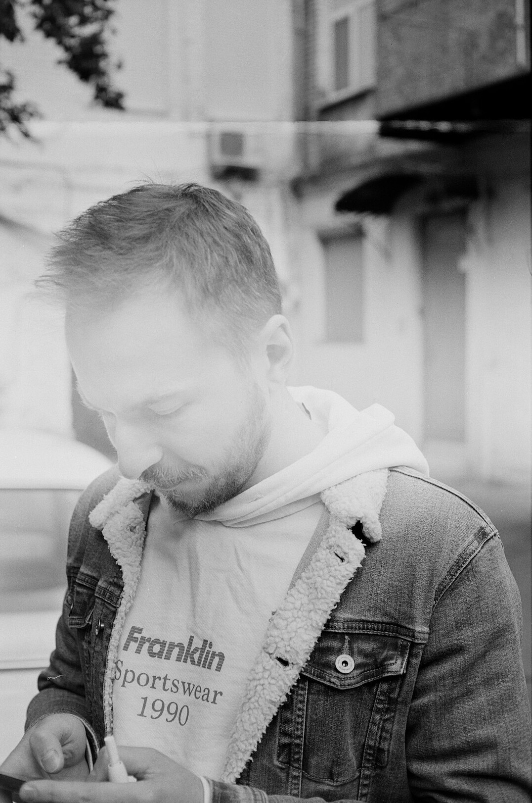 Portrait of a man journalist with short beard in casual jacket